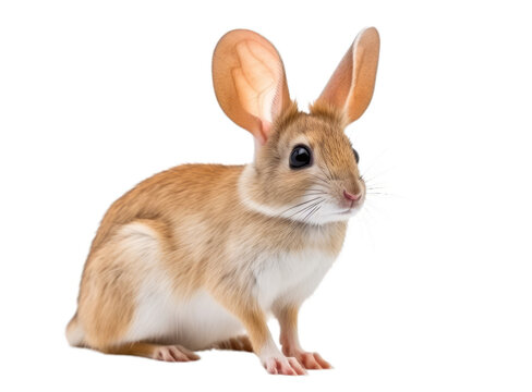 South African springhare, sitting sideways. Close-up of Pedetes capensis looks towards the camera. Exotic animal isolated on a white background