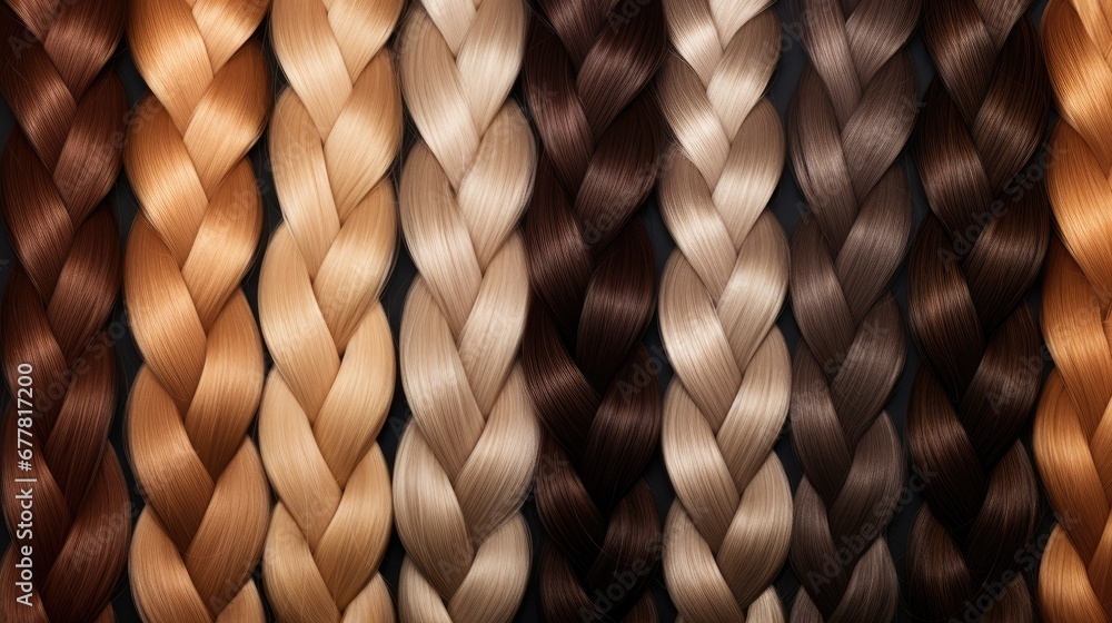 Poster a group of braids of different colors are arranged in a row on top of each other in front of a black