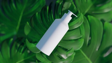 Minimal cosmetic mock up background for  cosmetic product presentation. Tropical green leaves of monstera philodendron background. 3d render illustration. © AlexMelas