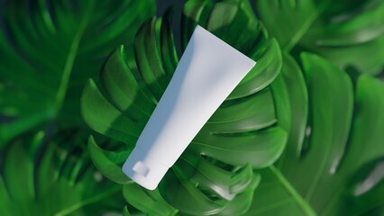 Minimal cosmetic mock up background for  cosmetic product presentation. Tropical green leaves of monstera philodendron background. 3d render illustration. © AlexMelas