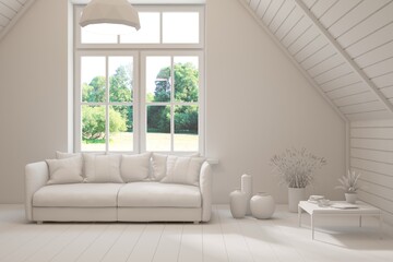 Grey living room concept with sofa and summer landscape in window. Scandinavian interior design. 3D illustration