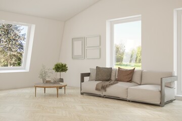 Contemporary classic white interior with furniture and decor and summer landscape in window. Scandinavian interior design. 3D illustration