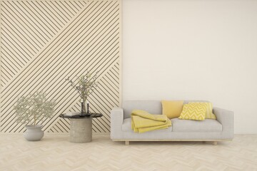 White living room with sofa. Scandinavian interior design. 3D illustration