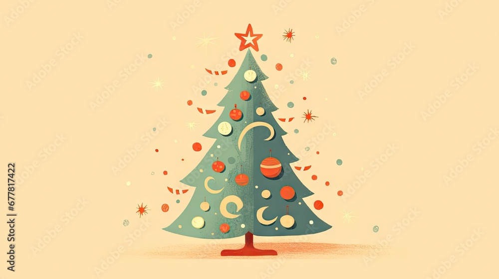 Poster a christmas tree with a star on the top and a snowflake on the bottom of the christmas tree.