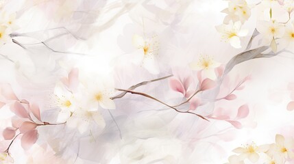  a painting of white and pink flowers on a white and pink background with a gray branch and light pink and white flowers.