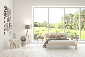 White bedroom concept. Scandinavian interior design. 3D illustration