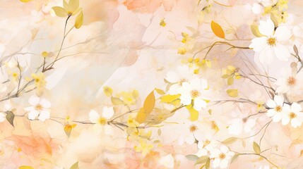  a painting of white and yellow flowers on a pink and yellow background with yellow leaves and flowers on the branches.