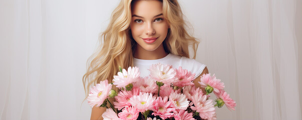Beautiful slim girl with long blond hair with pink flowers. On white or light background.