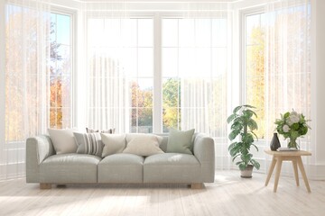 White living room with sofa. Scandinavian interior design. 3D illustration