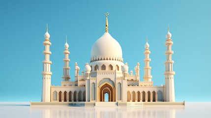 Fototapeta na wymiar 3d luxury mosque on a blue background, in the style of 3d, light gold, symbolic props, light beige, vary, minimalist purity, ultra had, 8k, realistic, bright color, high quality photo, high detailed