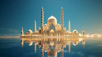 3d luxury mosque on a blue background, in the style of 3d, light gold, symbolic props, light beige, vary, minimalist purity, ultra had, 8k, realistic, bright color, high quality photo, high detailed - obrazy, fototapety, plakaty