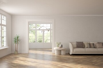 White living room with sofa and summer landscape in window. Scandinavian interior design. 3D illustration