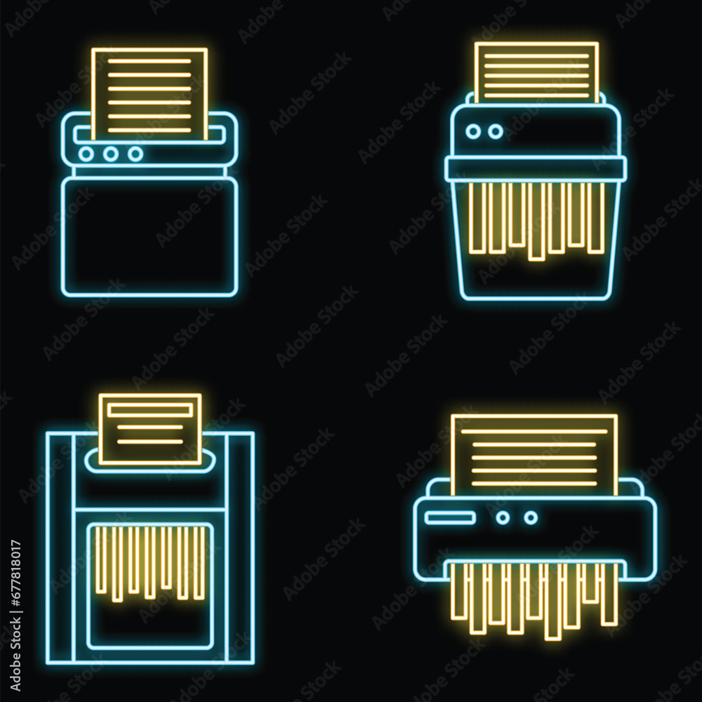 Poster shredder machine icons set. outline set of shredder machine vector icons neon color on black