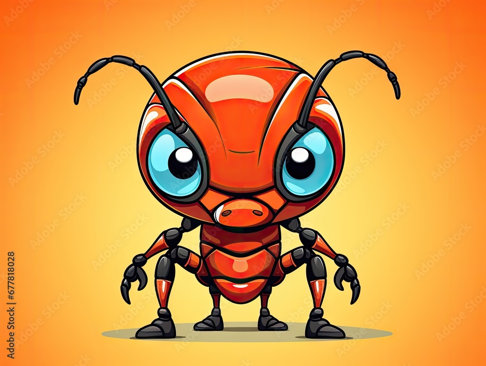 Poster a cartoon red bug with big blue eyes on an orange background with a yellow background and a red back