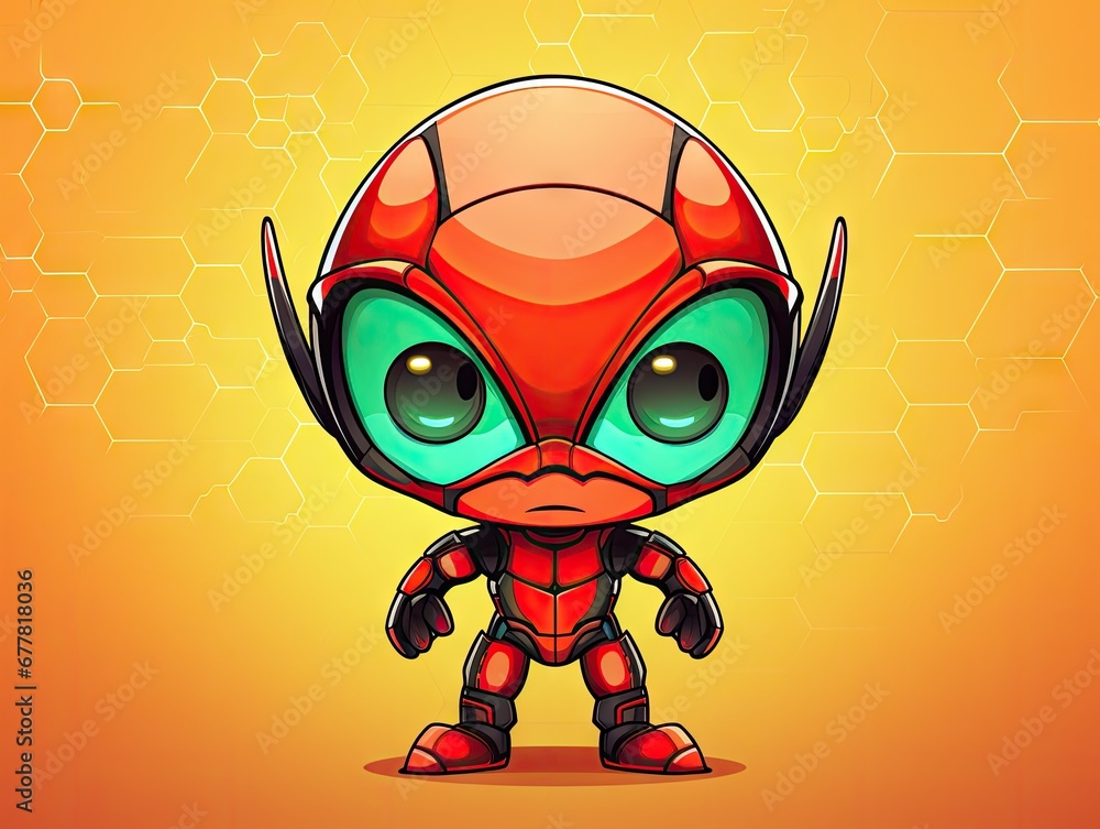 Poster a cartoon character in a red suit with big eyes and a strange look on his face, standing in front of