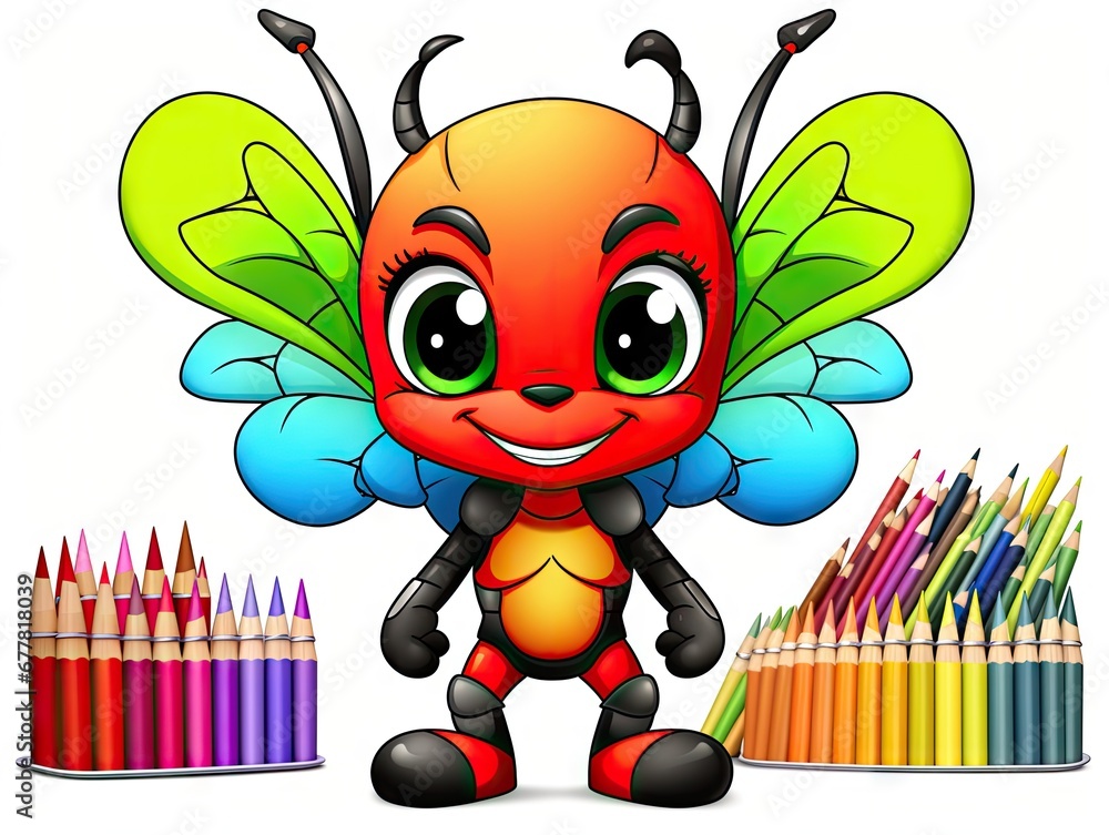 Poster a cartoon bee standing next to colored pencils and a crayon box with colored crayons on the bottom o