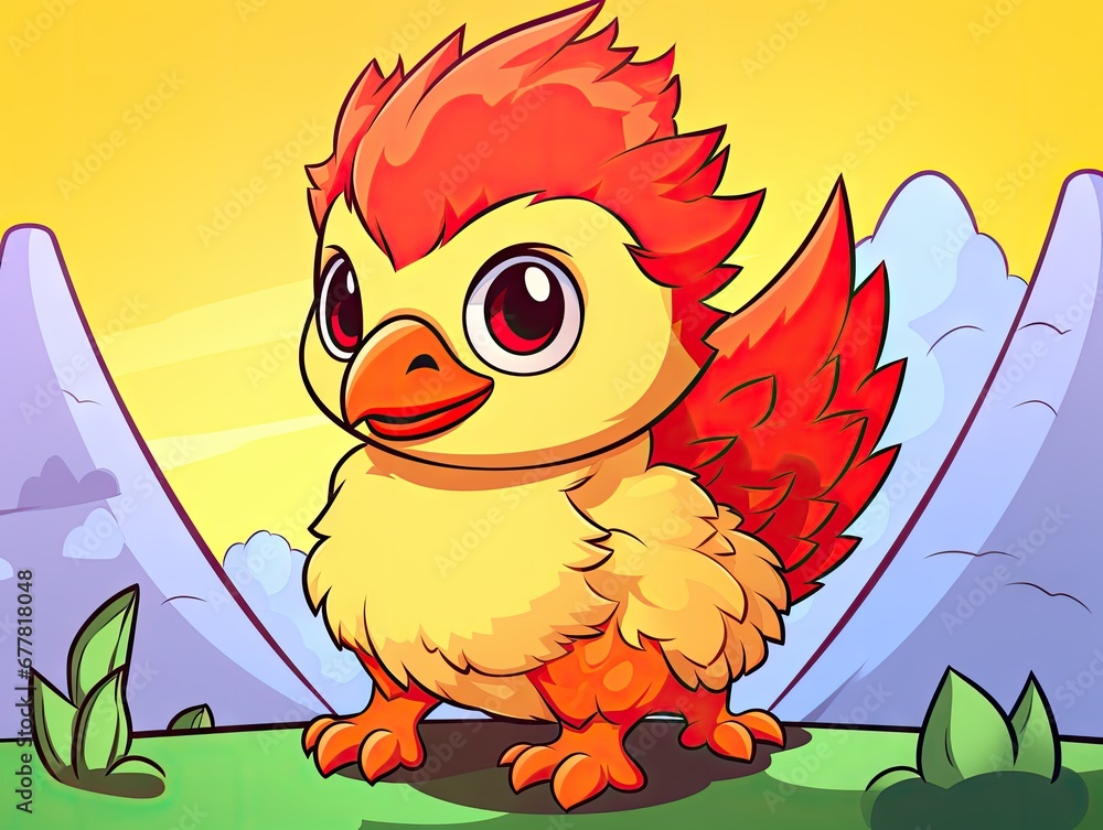 Poster a cartoon chicken sitting on top of a grass covered field with mountains in the background and a sky