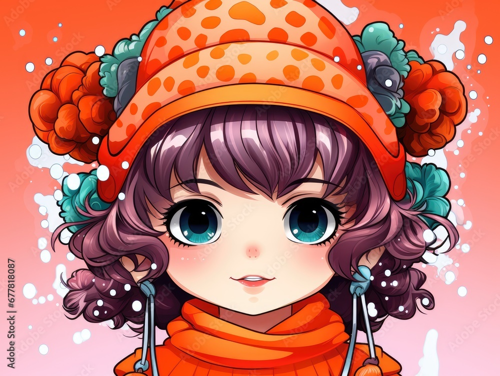 Poster a close up of a person wearing a hat with a scarf and a pair of skis in front of a red background wi