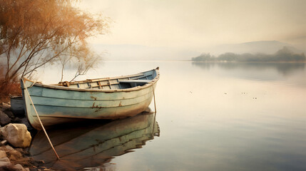 Obraz premium Charming Old Fishing Boat Docked by a Quiet Lakeside, Enhanced with Soft and Muted Tones to Evoke a Nostalgic and Tranquil Atmosphere