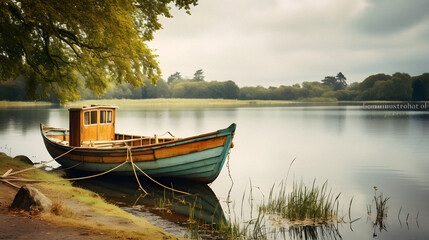 Obraz premium Charming Old Fishing Boat Docked by a Quiet Lakeside, Enhanced with Soft and Muted Tones to Evoke a Nostalgic and Tranquil Atmosphere