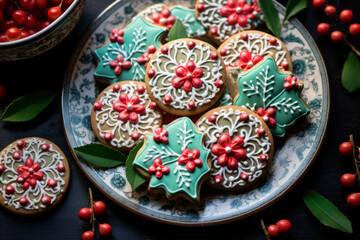Obraz na płótnie Canvas Winter berries sugar cookies with red and green icing. Delicious gingerbread Christmas cookies. Generative AI