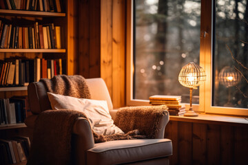 Scandinavian style reading nook with a comfortable armchair, bookshelves and warm lighting. Generative AI