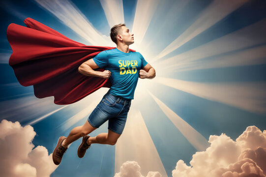 A superdad hero with a red cape proudly flying high above clouds in the sky