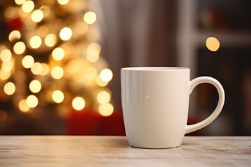 White blank coffee or tea mug with decorated christmas living room in background. Generative AI