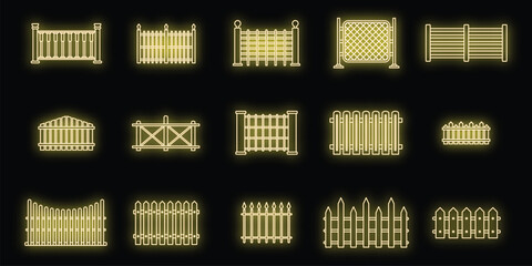 Garden fence icons set. Outline set of garden fence vector icons neon color on black - obrazy, fototapety, plakaty