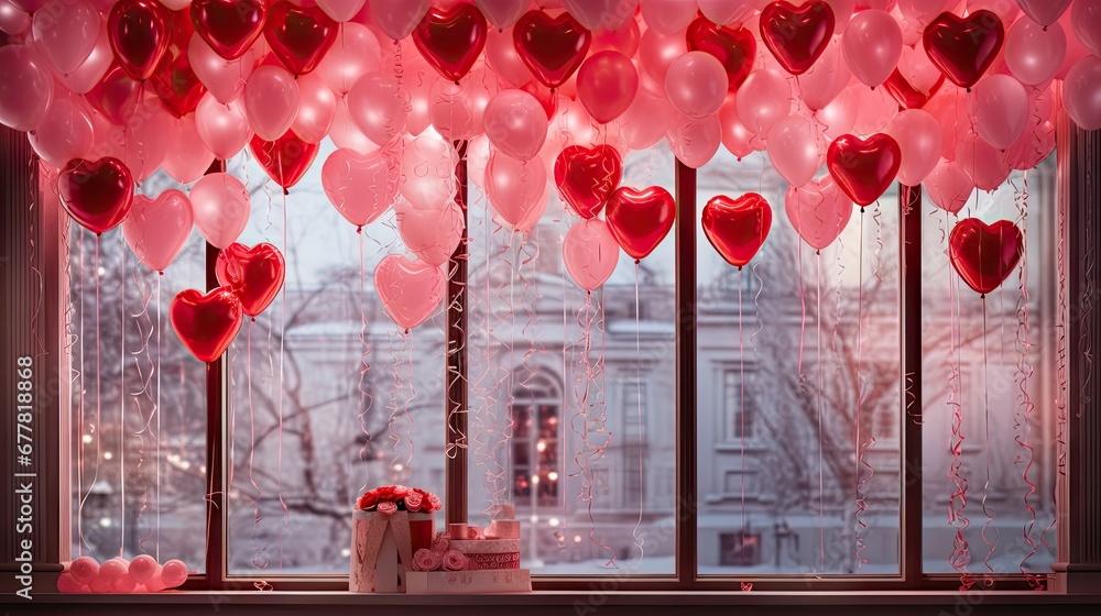 Poster a bunch of heart shaped balloons hanging from a window next to a cake on a table in front of a windo