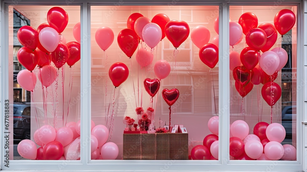 Aufkleber a window display with a bunch of red and pink heart shaped balloons hanging from it's windowsills.