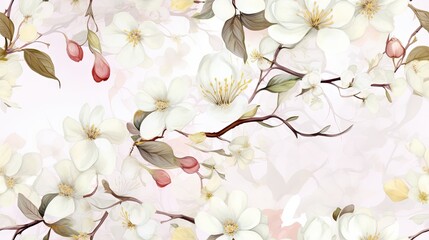  a painting of a branch with white flowers on a light pink background with leaves and flowers in the center of the branch.