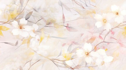 Fototapeta na wymiar a painting of white and yellow flowers on a white and pink background with a light pink background and a light pink background.