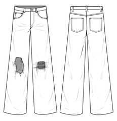 Ripped Wide Leg Denim Jeans Front and Back View. Fashion Illustration, Vector, CAD, Technical Drawing, Flat Drawing, Template, Mockup.