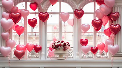  a vase filled with lots of pink and red hearts hanging from the side of a window next to a vase filled with flowers.