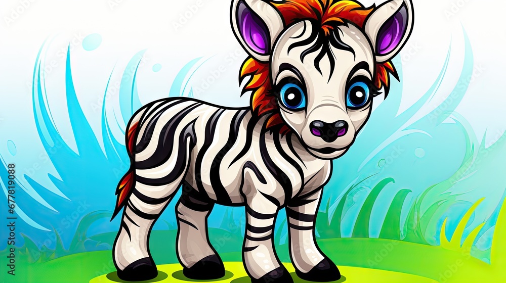 Poster a little zebra standing on top of a green grass covered field in front of a blue and white backgroun