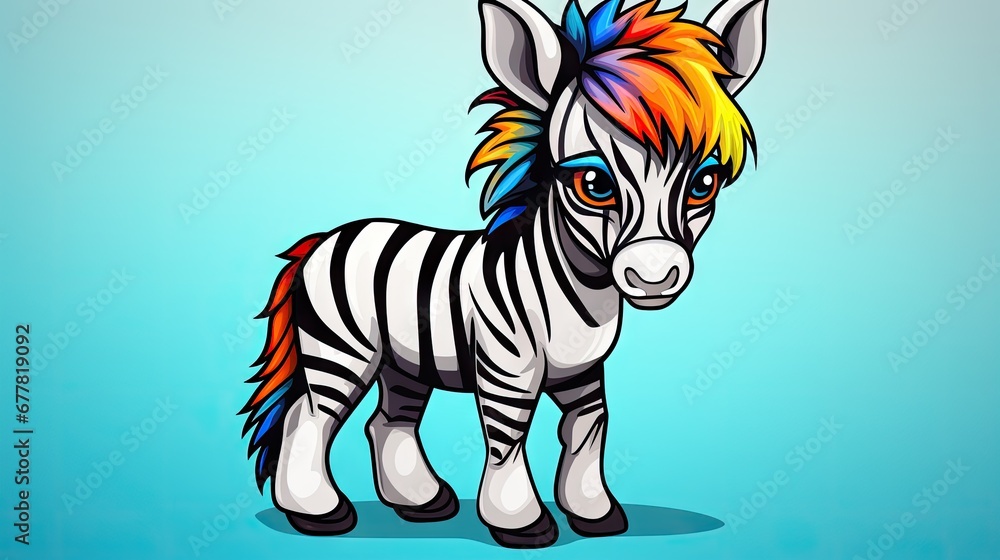 Poster a cartoon zebra with multicolored hair standing on a blue background with a caption in the middle of