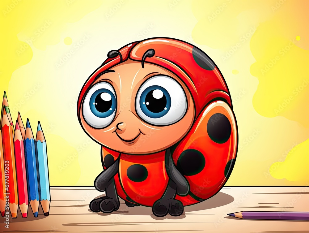 Poster a drawing of a ladybug sitting next to a row of colored pencils on a table with a pencil holder in f