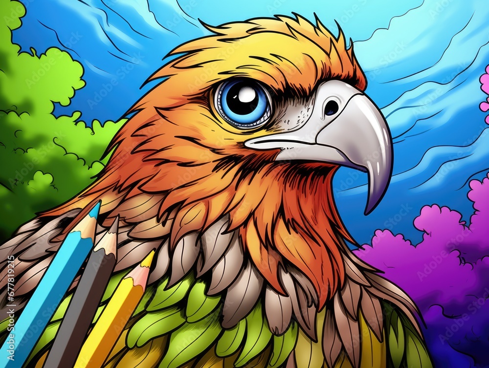 Poster a drawing of a bird with a pencil in it's beak and a blue sky in the background with clouds and clou