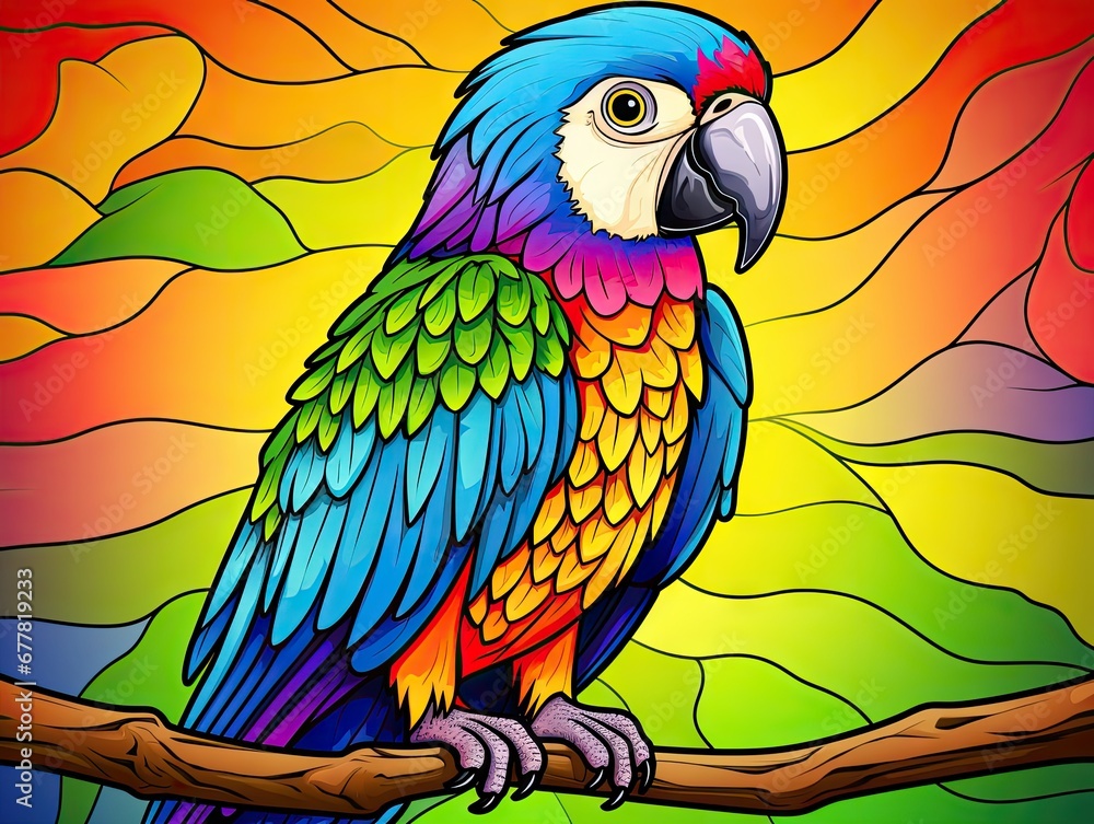 Poster a brightly colored parrot sitting on a tree branch in front of a stained glass window with a colorfu