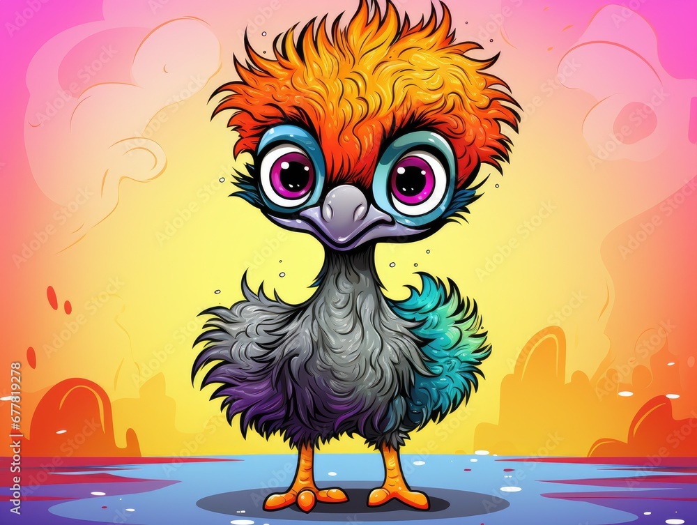 Poster a colorful bird with big eyes standing in front of an orange and pink background with a cityscape in