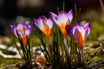 Springtime flowers, crocuses, blooming on a sunny day. Generative AI