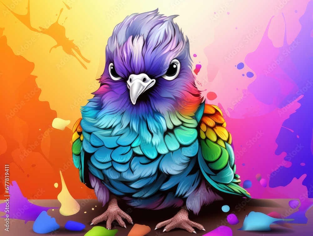 Poster a colorful bird sitting on the ground with paint splatters on it's back and a rainbow background wit
