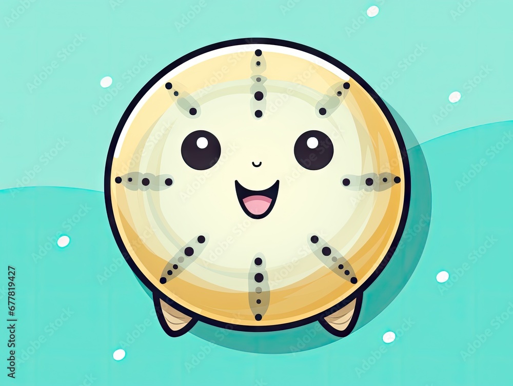 Aufkleber a cartoon clock with a happy face on a blue and green background with snowflakes on the bottom and b