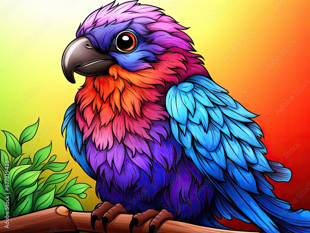 Poster a colorful bird sitting on a branch of a tree in front of a yellow and red background with a green l