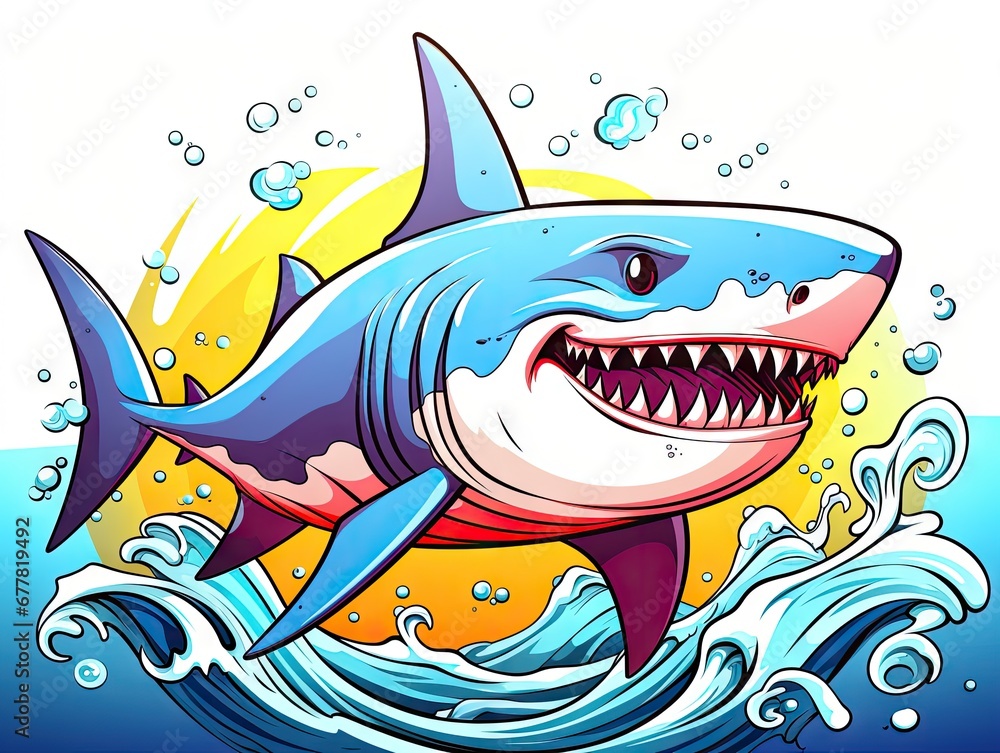 Poster a drawing of a shark with a big smile on it's face and it's mouth open and it's mouth wide open with