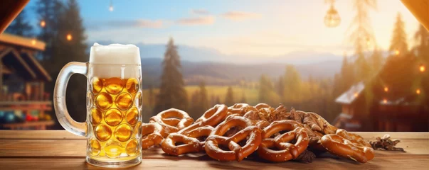 Foto op Plexiglas bavarian oktoberfest pretzels on wooden table with beer from Germany. © Michal