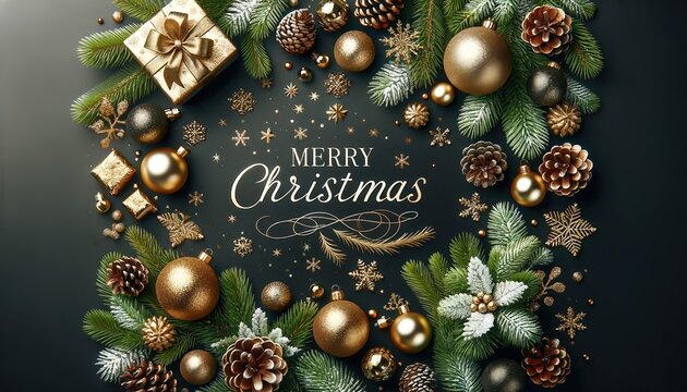 Festive Christmas greeting with golden decorations, pine cones, and snowy greenery on a dark backdrop. Generative AI.