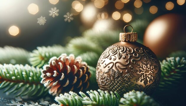 Christmas Scene featuring luxurious Christmas bauble with intricate patterns, frosty pine branches, and warm bokeh lights. Generative AI.