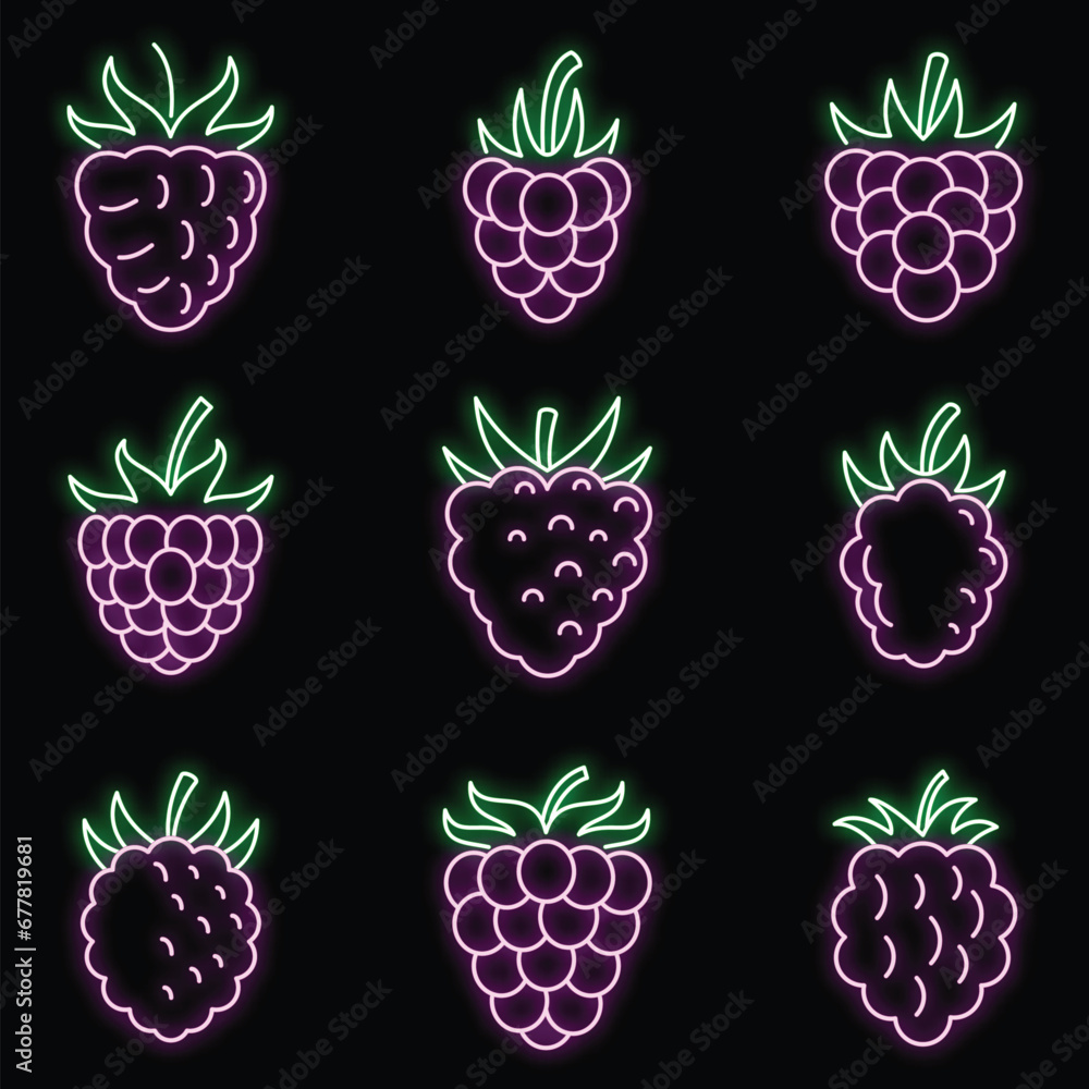Poster fresh raspberry icons set. outline set of fresh raspberry vector icons neon color on black